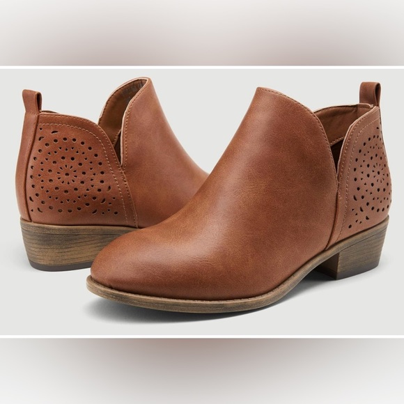 Vepose Women's Ankle Boots Low Heels Chunky Cutout Booties+Perforated Western - Picture 1 of 14